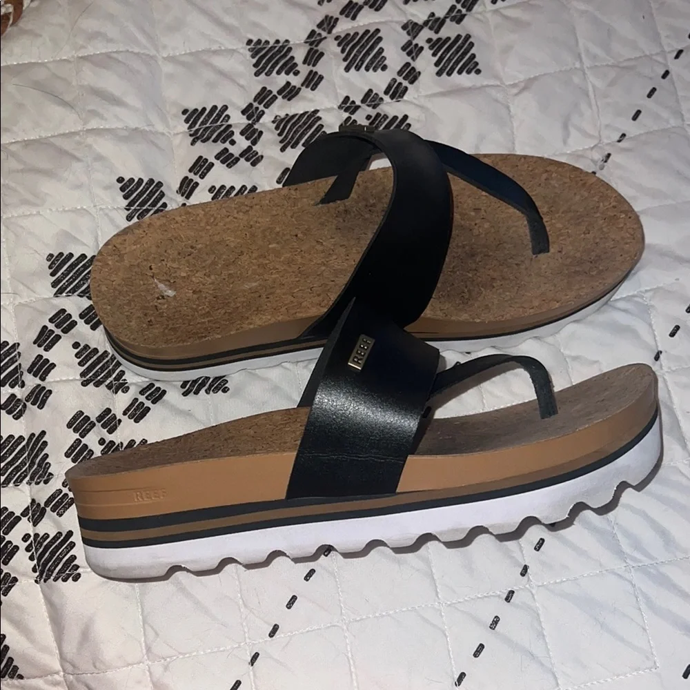 Reef Black Cork Platform Flip Sandals with White Trim